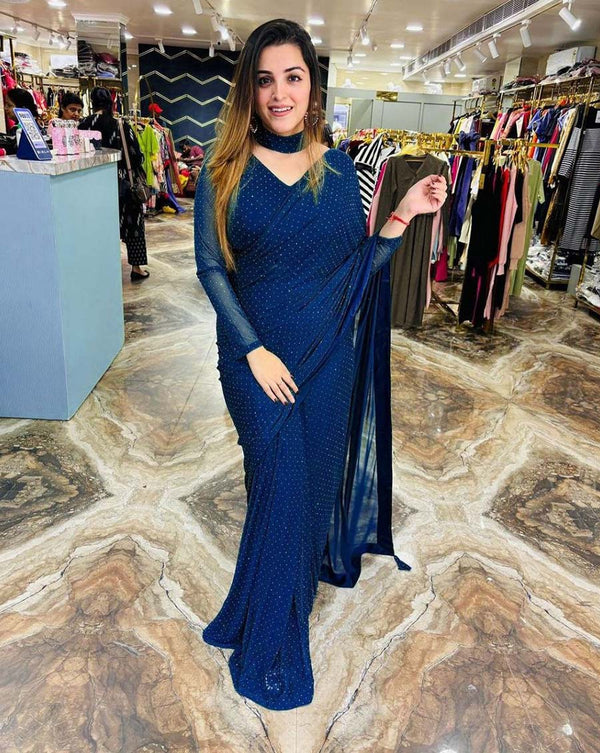 Blue Color 1 - Minute Ready to Wear Fux Georgette Saree with Fully Stitch Blouse (Free Size) Up to 44