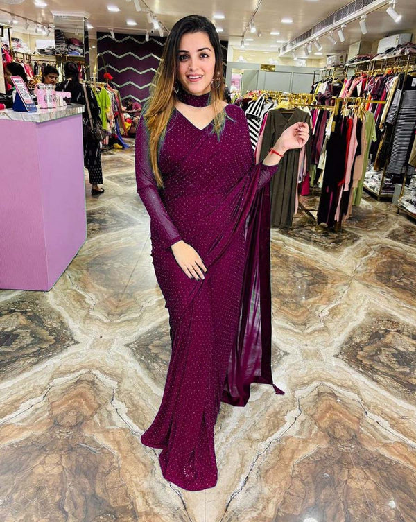 Purple Color 1 - Minute Ready to Wear Fux Georgette Saree with Fully Stitch Blouse (Free Size) Up to 44