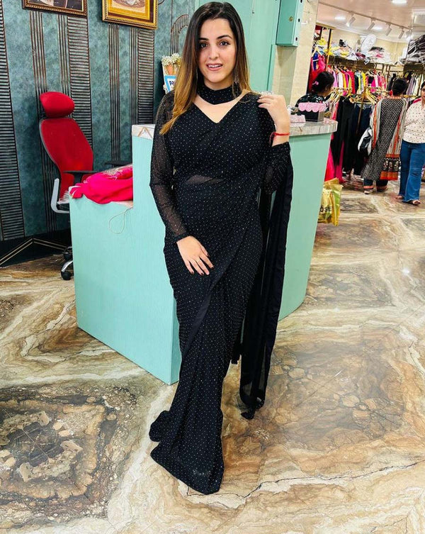 Black Color 1 - Minute Ready to Wear Fux Georgette Saree with Fully Stitch Blouse (Free Size) Up to 44