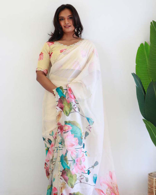 White Color 1 - Minute Ready to Wear Organza Silk Saree with Fully Stitch Blouse (Free Size) Up to 44