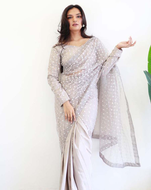 White Color 1 - Minute Ready to Wear Butterfly net & Silk Saree with Fully Stitch Blouse (Free Size) Up to 44