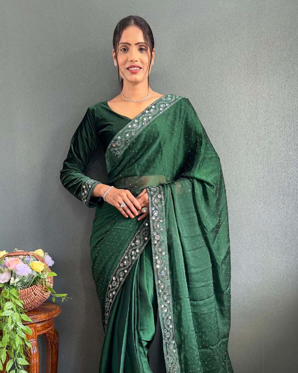 Green Color 1 - Minute Ready to Wear Rangoli Silk Saree with Fully Stitch Blouse (Free Size) Up to 44