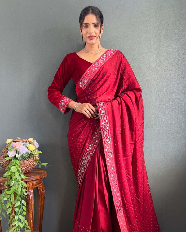 Red Color 1 - Minute Ready to Wear Rangoli Silk Saree with Fully Stitch Blouse (Free Size) Up to 44