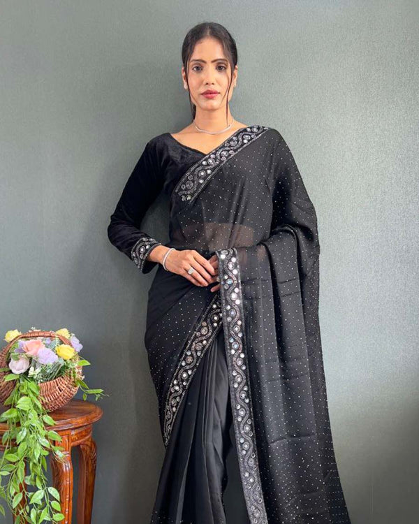 Black Color 1 - Minute Ready to Wear Rangoli Silk Saree with Fully Stitch Blouse (Free Size) Up to 44