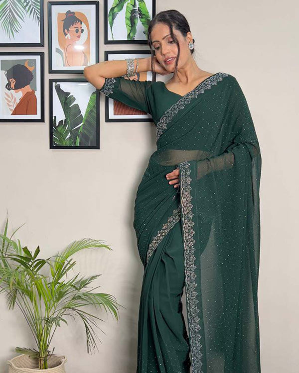 Green Color 1 - Minute Ready to Wear Fux Georgette Saree with Unstitch Blouse Piece