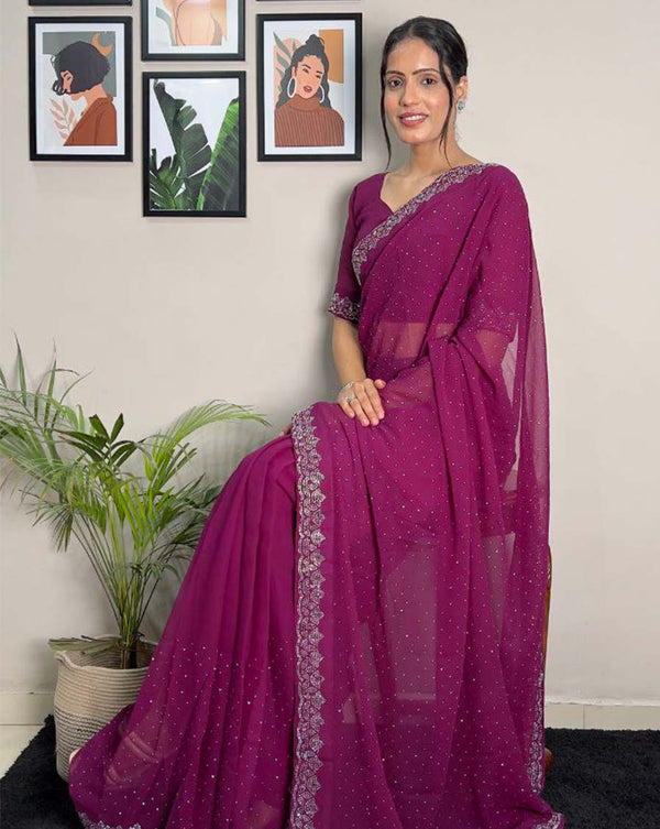 Purple Color 1 - Minute Ready to Wear Fux Georgette Saree with Unstitch Blouse Piece