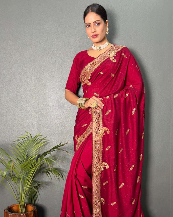 Maroon Color 1 - Minute Ready to Wear Vichitra silk Saree with Unstitch Blouse Piece