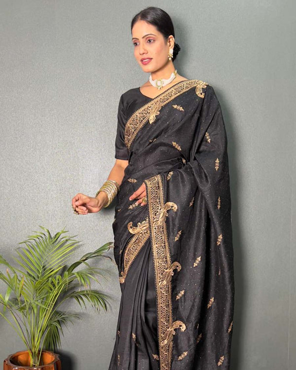 Black Color 1 - Minute Ready to Wear Vichitra silk Saree with Unstitch Blouse Piece