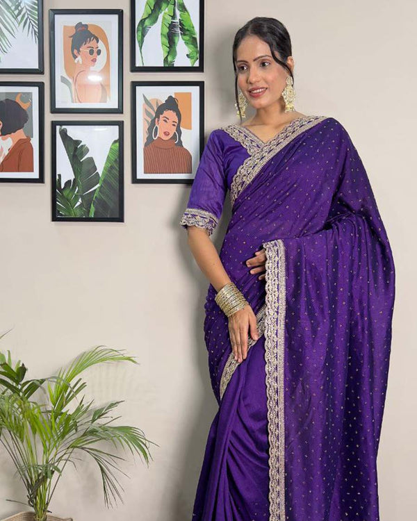 Purple Color 1 - Minute Ready to Wear Vichitra silk Saree with Unstitch Blouse Piece