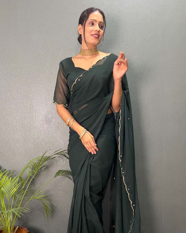 Green Color 1 - Minute Ready to Wear Fux Georgette Saree with Unstitch Blouse Piece