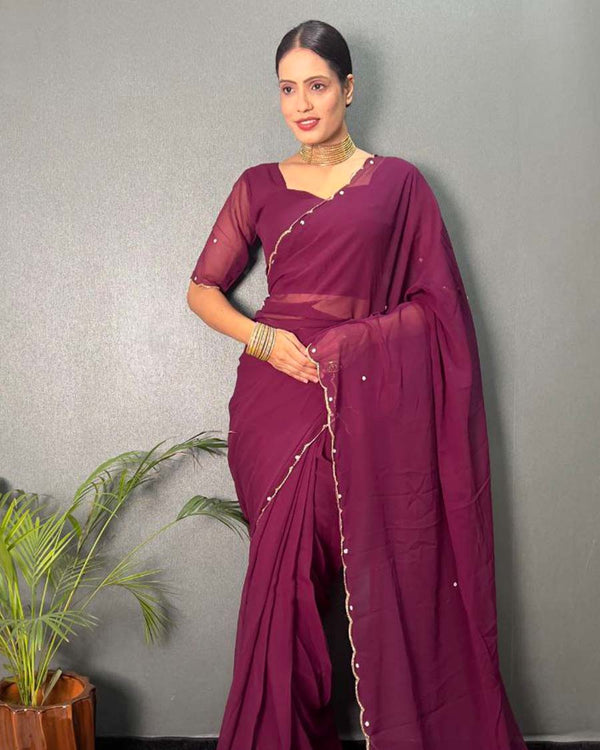 Purple Color 1 - Minute Ready to Wear Fux Georgette Saree with Unstitch Blouse Piece