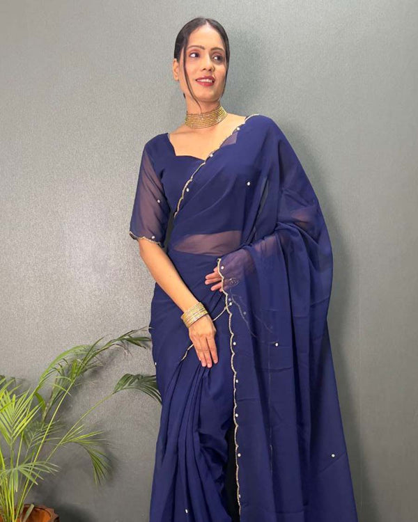 Blue Color 1 - Minute Ready to Wear Fux Georgette Saree with Unstitch Blouse Piece