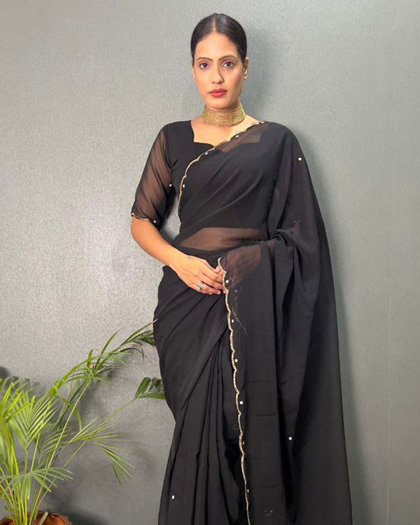 Black Color 1 - Minute Ready to Wear Fux Georgette Saree with Unstitch Blouse Piece