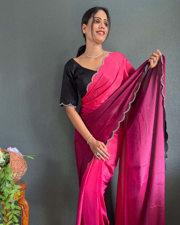 Dual color Color 1 - Minute Ready to Wear Chinnon Silk Saree with Unstitch Blouse Piece