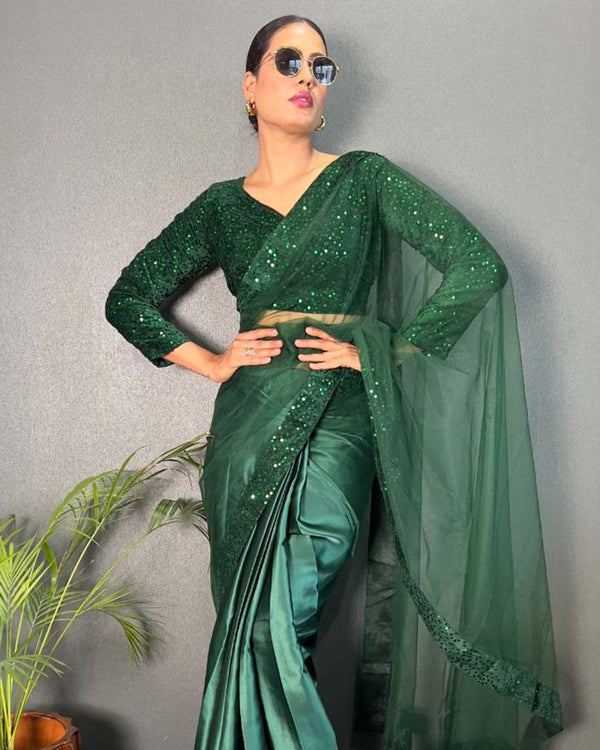 Green Color 1 - Minute Ready to Wear Satin Silk Saree with Fully Stitch Blouse (Free Size) Up to 44