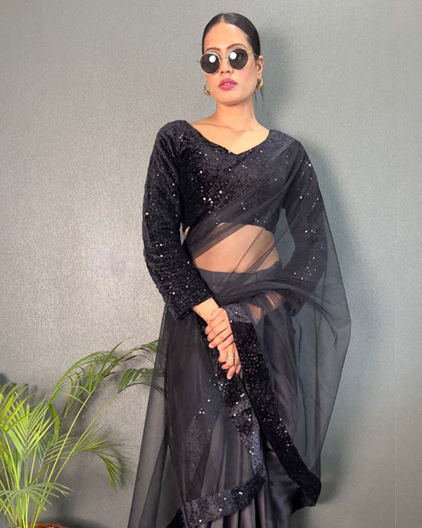 Black Color 1 - Minute Ready to Wear Satin Silk Saree with Fully Stitch Blouse (Free Size) Up to 44