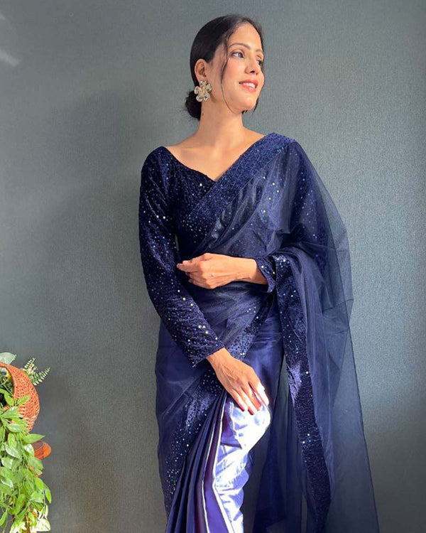Blue Color 1 - Minute Ready to Wear Satin Silk Saree with Fully Stitch Blouse (Free Size) Up to 44