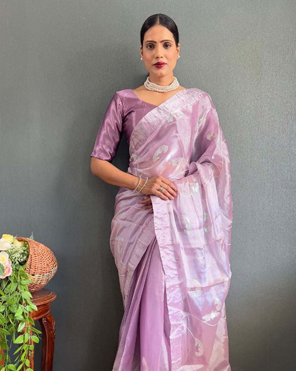 Lite purple Color 1 - Minute Ready to Wear Burbury Silk Saree with Unstitch Blouse Piece