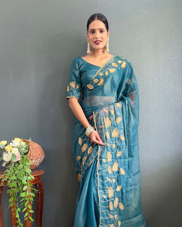 Blue Color 1 - Minute Ready to Wear Silk Saree with Unstitch Blouse Piece