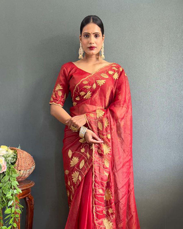 Red Color 1 - Minute Ready to Wear Silk Saree with Unstitch Blouse Piece