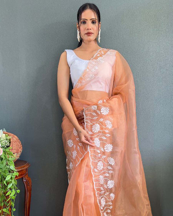 Cream Color 1 - Minute Ready to Wear Soft Organza Saree with Unstitch Blouse Piece