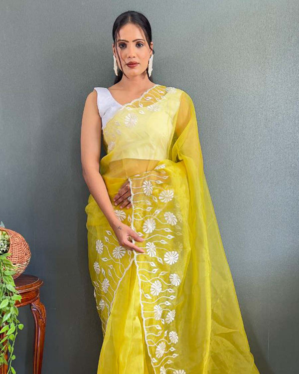 Yellow Color 1 - Minute Ready to Wear Soft Organza Saree with Unstitch Blouse Piece