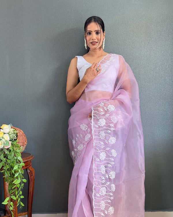 Lite purple Color 1 - Minute Ready to Wear Soft Organza Saree with Unstitch Blouse Piece