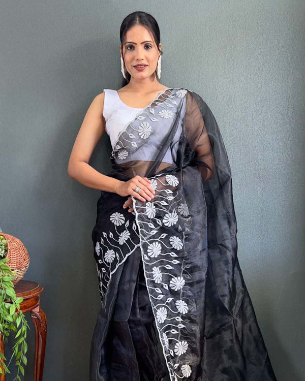 Black Color 1 - Minute Ready to Wear Soft Organza Saree with Unstitch Blouse Piece
