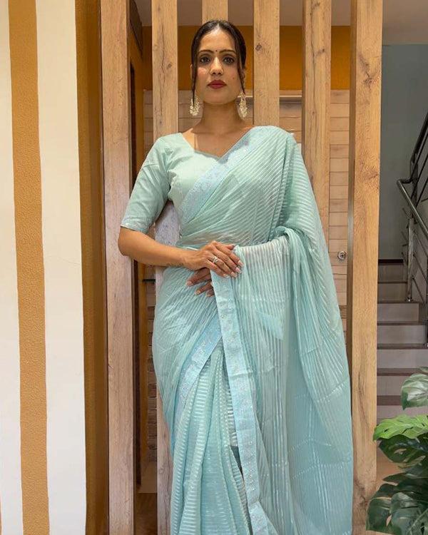 Lite blue Color 1 - Minute Ready to Wear Astha Chiffon Saree with Unstitch Blouse Piece