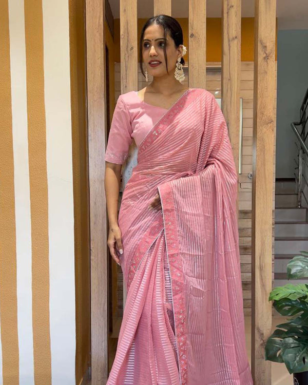 Lite pink Color 1 - Minute Ready to Wear Astha Chiffon Saree with Unstitch Blouse Piece