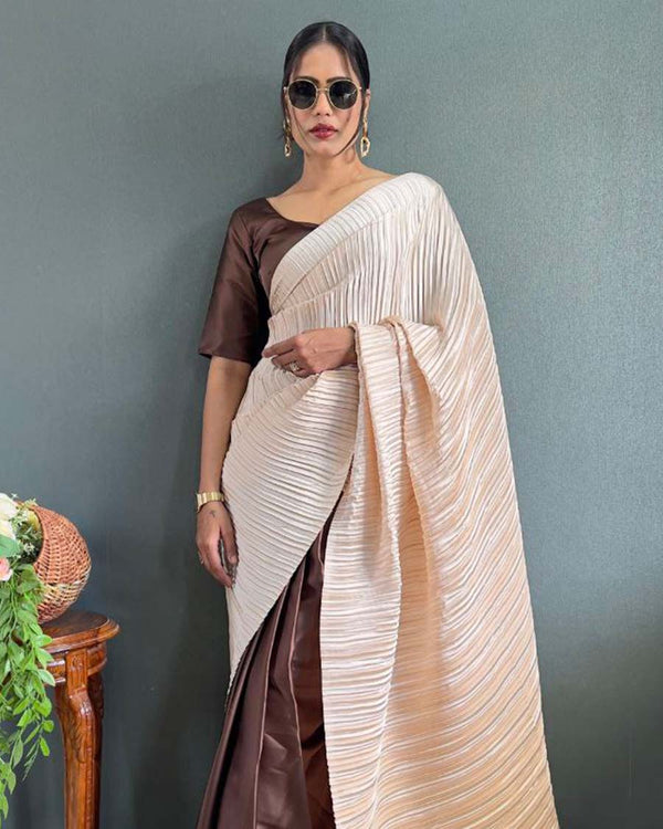 White and cream Color 1 - Minute Ready to Wear Japan Satin Saree with Unstitch Blouse Piece