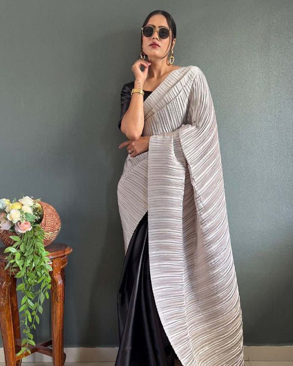 White and black Color 1 - Minute Ready to Wear Japan Satin Saree with Unstitch Blouse Piece