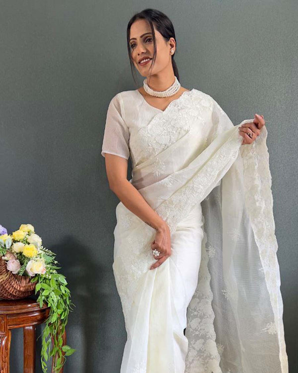 White Color 1 - Minute Ready to Wear kota doriya Saree with Unstitch Blouse Piece