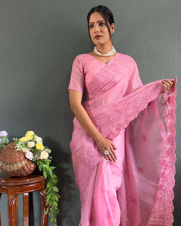 Lite pink Color 1 - Minute Ready to Wear kota doriya Saree with Unstitch Blouse Piece