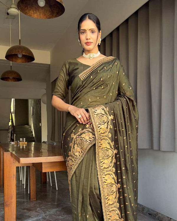 Mehendi Color 1 - Minute Ready to Wear Vichitra silk Saree with Unstitch Blouse Piece