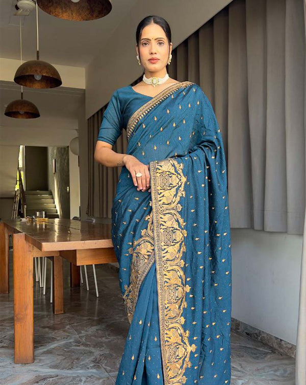 Neavy blue Color 1 - Minute Ready to Wear Vichitra silk Saree with Unstitch Blouse Piece