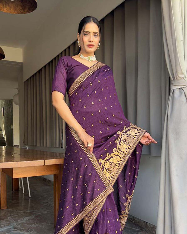 Purple Color 1 - Minute Ready to Wear Vichitra silk Saree with Unstitch Blouse Piece