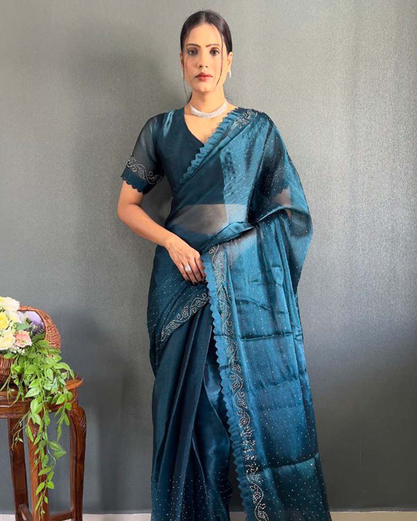 Blue Color 1 - Minute Ready to Wear Burburry Silk Saree with Unstitch Blouse Piece