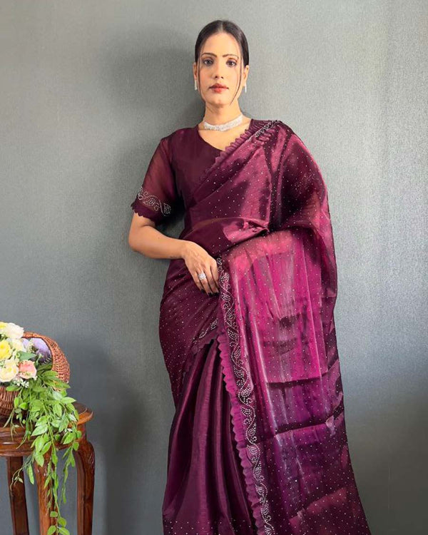 Purple Color 1 - Minute Ready to Wear Burburry Silk Saree with Unstitch Blouse Piece