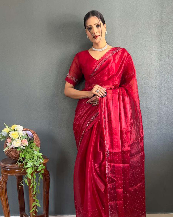 Red Color 1 - Minute Ready to Wear Burburry Silk Saree with Unstitch Blouse Piece