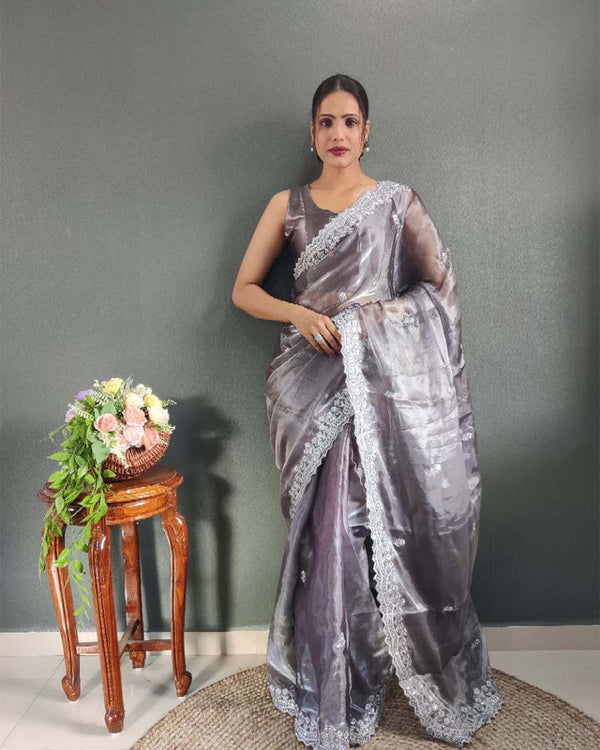 Lite blue Color 1 - Minute Ready to Wear Choo Silk Saree with Unstitch Blouse Piece