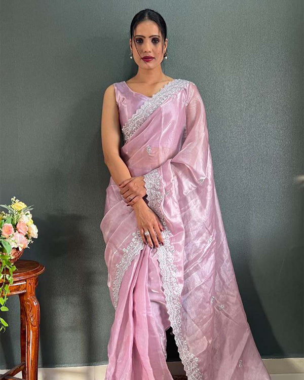 Lite pink Color 1 - Minute Ready to Wear Choo Silk Saree with Unstitch Blouse Piece