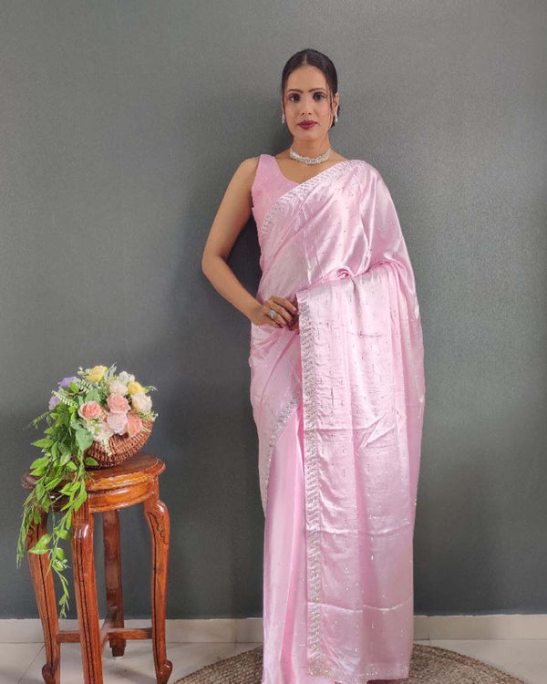 Lite pink Color 1 - Minute Ready to Wear Satin Silk Saree with Unstitch Blouse Piece