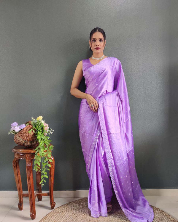 Lite purple Color 1 - Minute Ready to Wear Satin Silk Saree with Unstitch Blouse Piece
