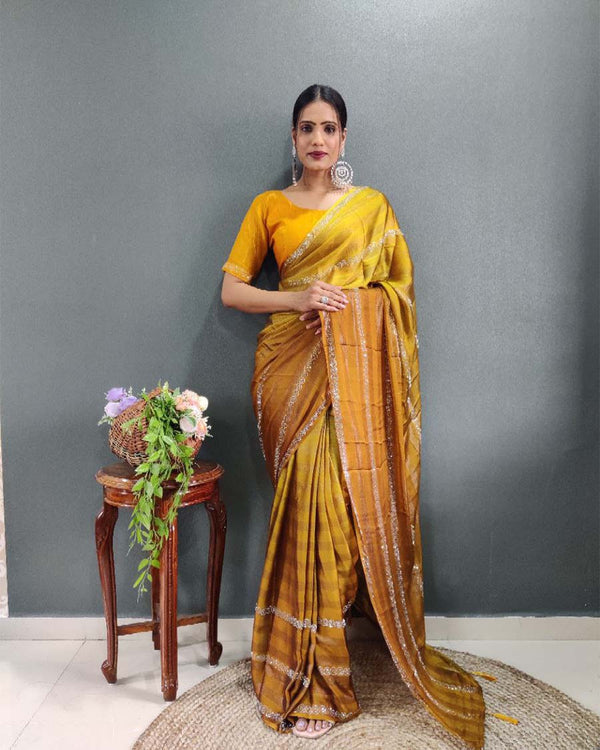 Yellow Color 1 - Minute Ready to Wear Zari Woven Saree with Unstitch Blouse Piece