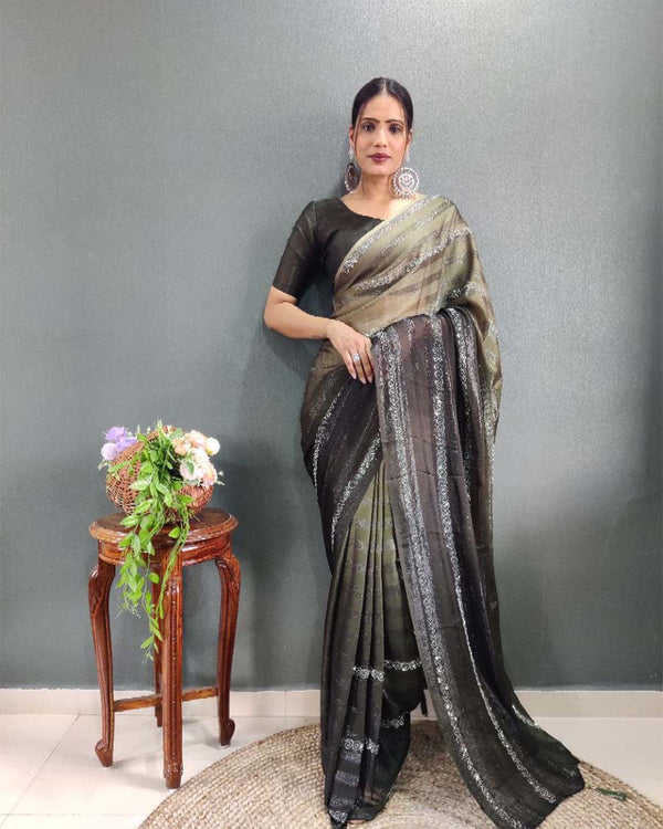Coffee and black Color 1 - Minute Ready to Wear Zari Woven Saree with Unstitch Blouse Piece