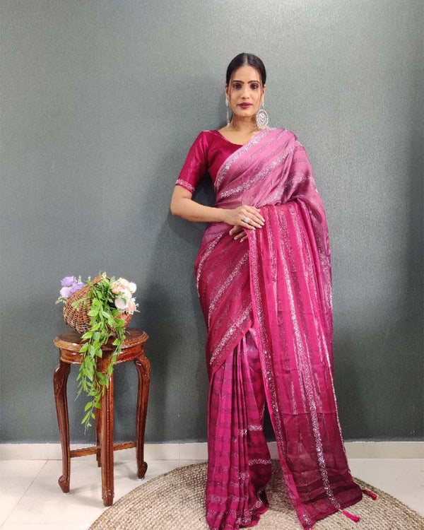 Lite pink Color 1 - Minute Ready to Wear Zari Woven Saree with Unstitch Blouse Piece