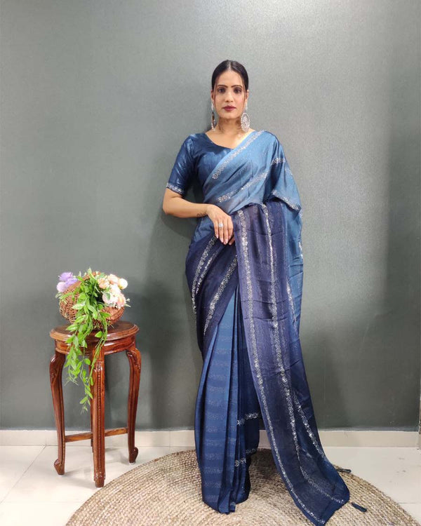 Bottle blue Color 1 - Minute Ready to Wear Zari Woven Saree with Unstitch Blouse Piece