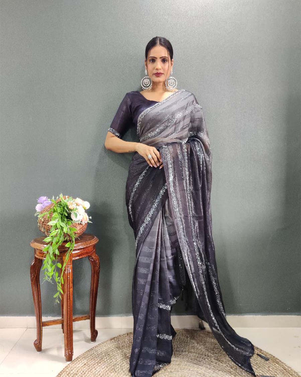 Silver and blue Color 1 - Minute Ready to Wear Zari Woven Saree with Unstitch Blouse Piece
