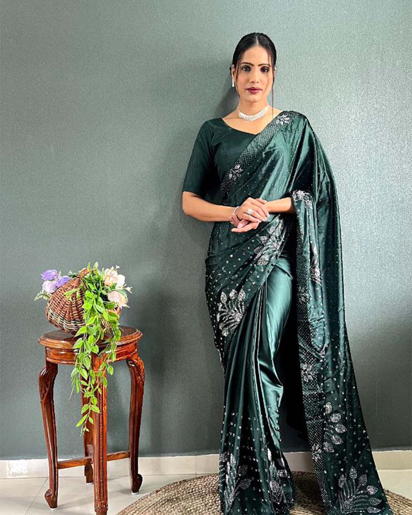 Green Color 1 - Minute Ready to Wear Satin Silk Saree with Unstitch Blouse Piece